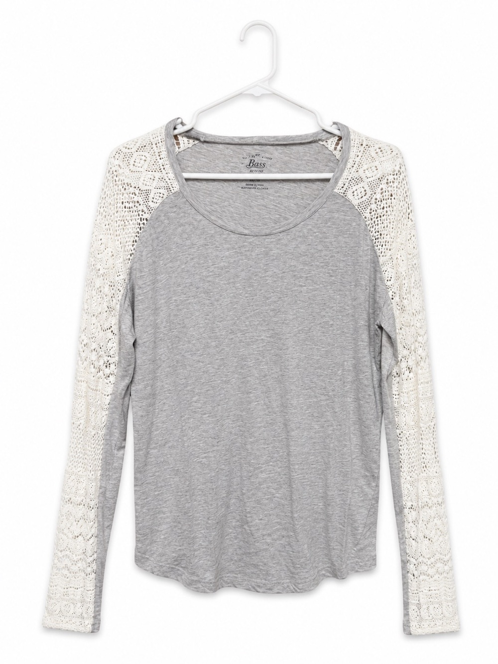 Vinatage Bass Gray & Cream Crochet Lace Sleeve Top Women’s Long Sleeve Boho Shir